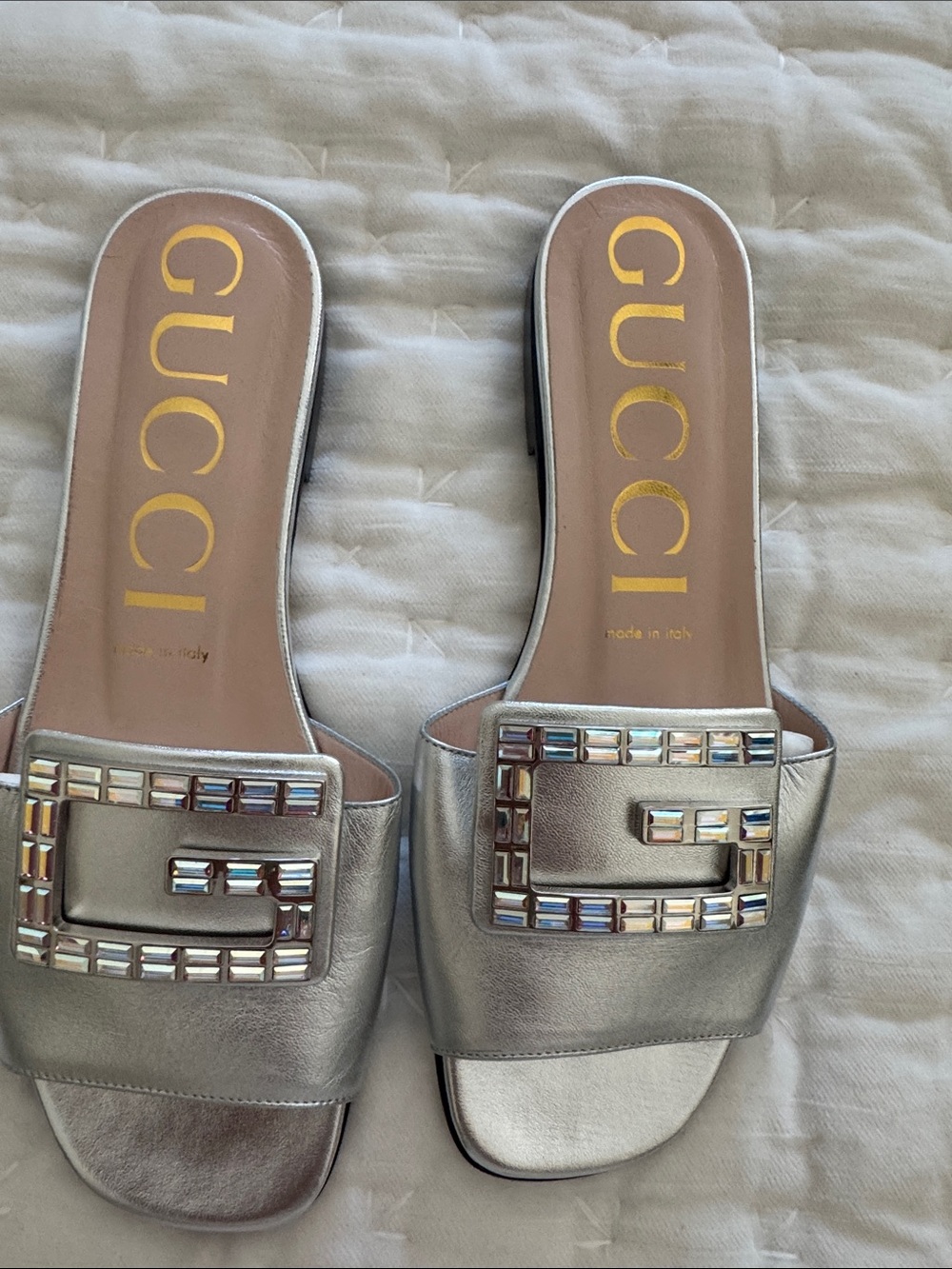Gucci Silver Metallic Crystal-Embellished Slide Mules- never worn!